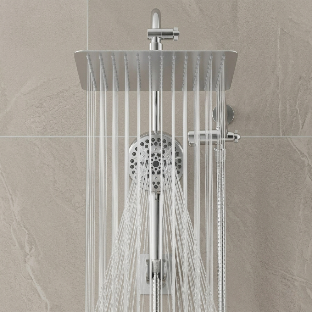 Chrome shower head and control panel on a tiled wall