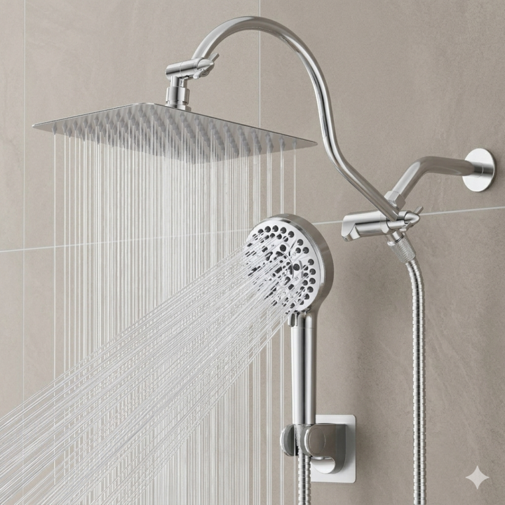Chrome shower head and handheld shower on a tiled wall