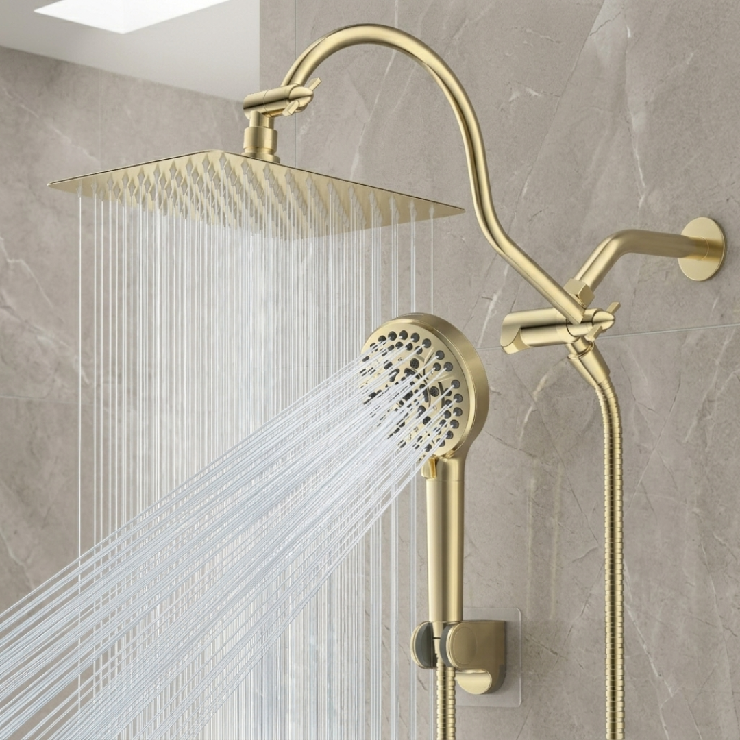 Polished Brass head and handheld shower head with water flowing in a bathroom setting.