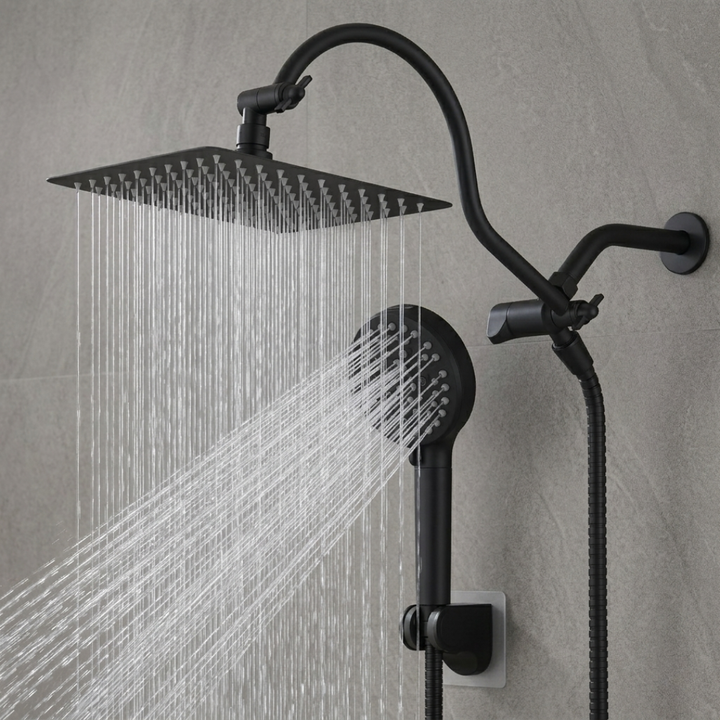 Matte Black shower head and handheld shower on a gray wall