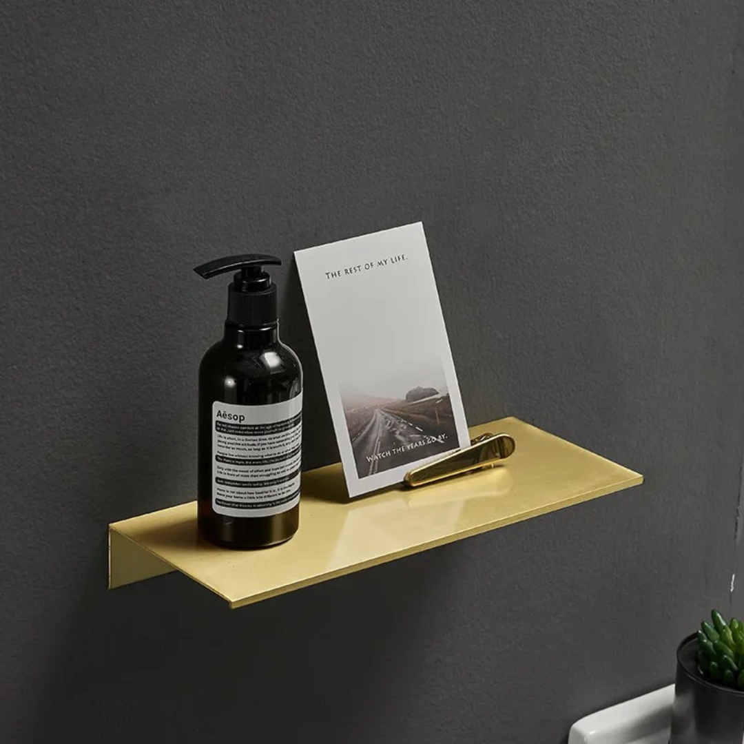 Ophelia Brushed Gold Bathroom Shelf in 12" x 5" size