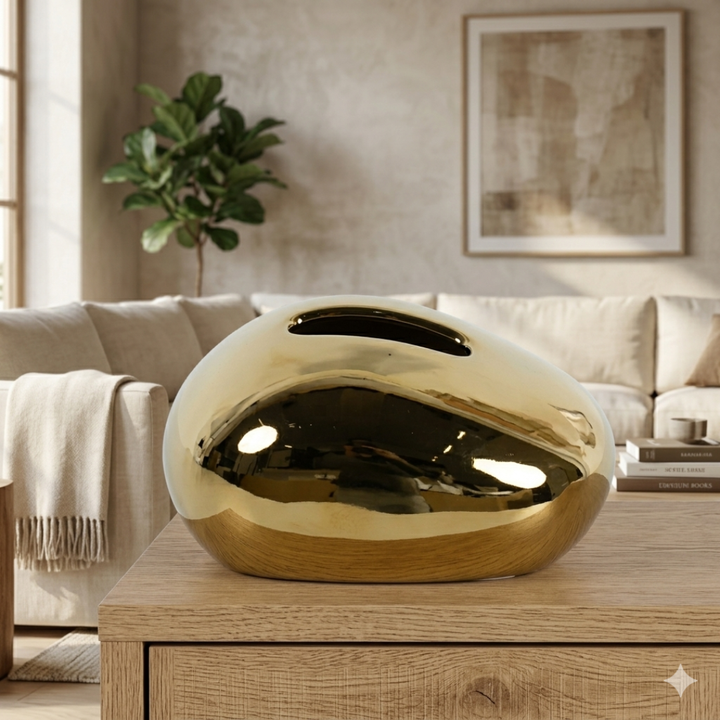 Pebble Form Ceramic Tissue Box in Gold