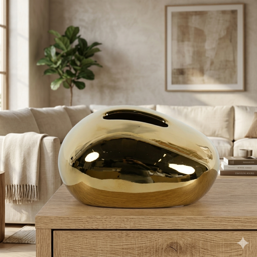 Pebble Form Ceramic Tissue Box in Gold
