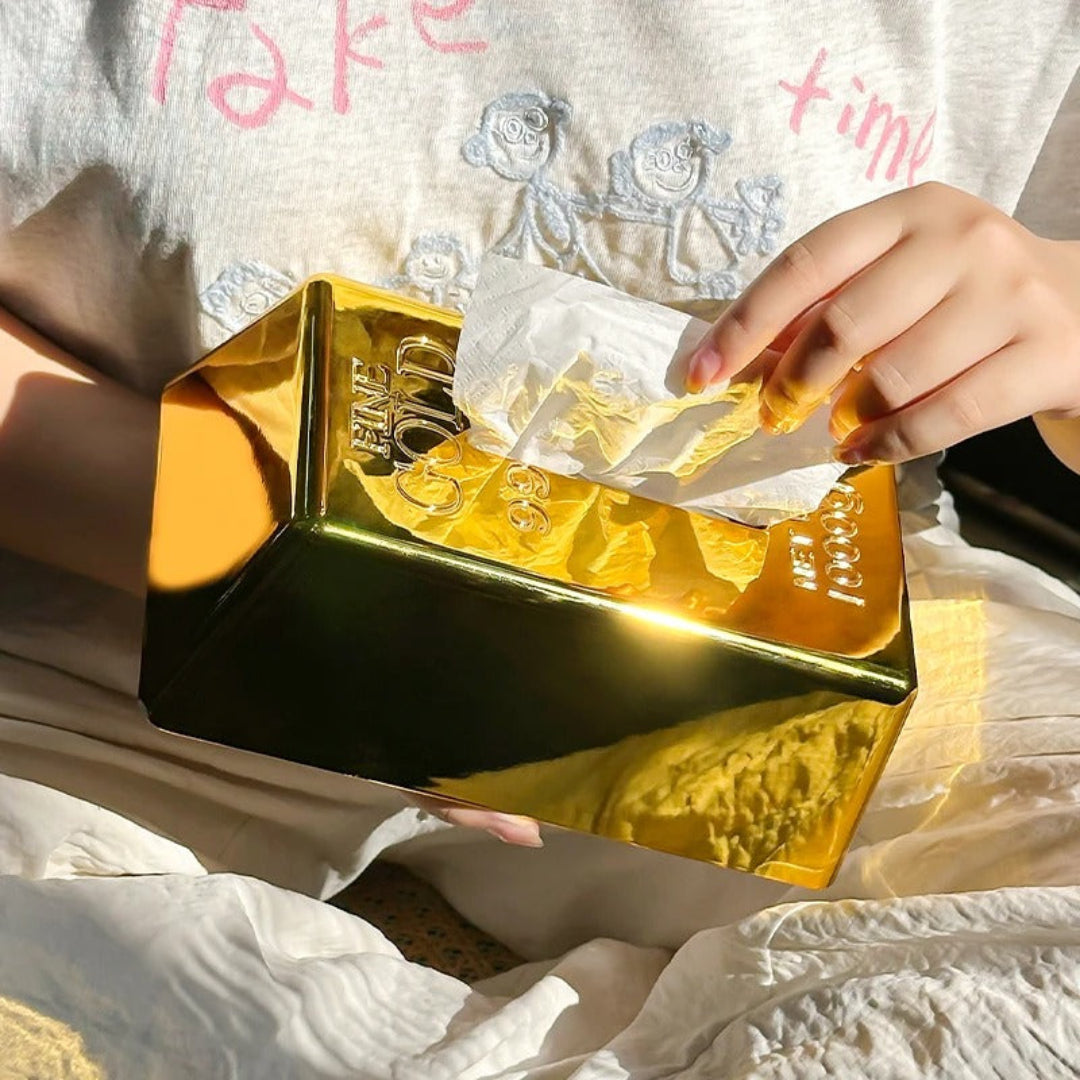 Opulent gold premium tissue box, luxury decorative tissue holder for elegant home and vanity styling