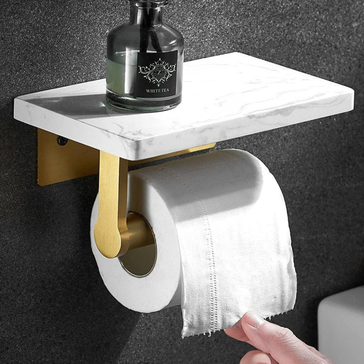 Sculpted marble toilet paper holder, modern bathroom accessory with elegant marble design