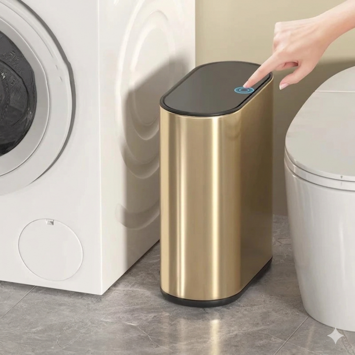 Sleek guard narrow trash bin, slim space-saving garbage bin for bathroom, kitchen, or small spaces