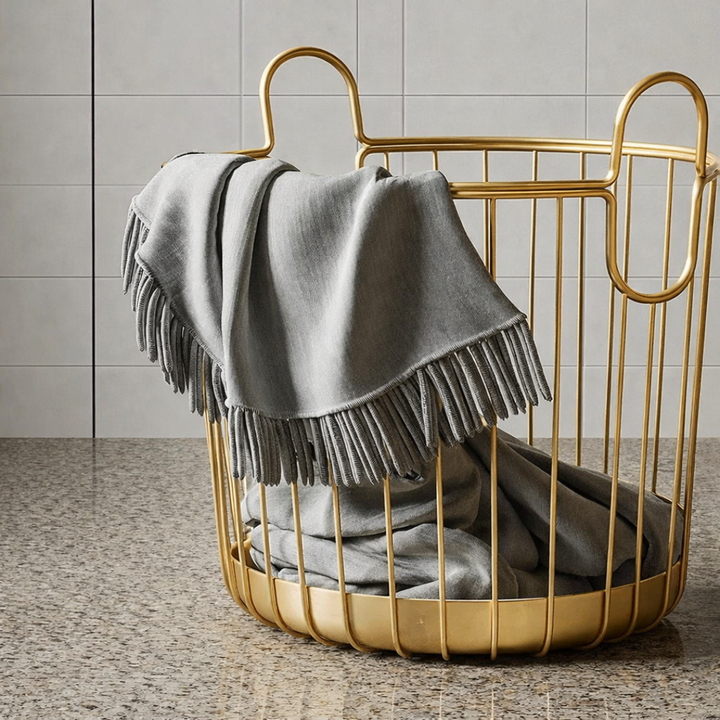 Velour arc iron laundry basket, stylish metal laundry hamper for bedroom, bathroom, or laundry room use