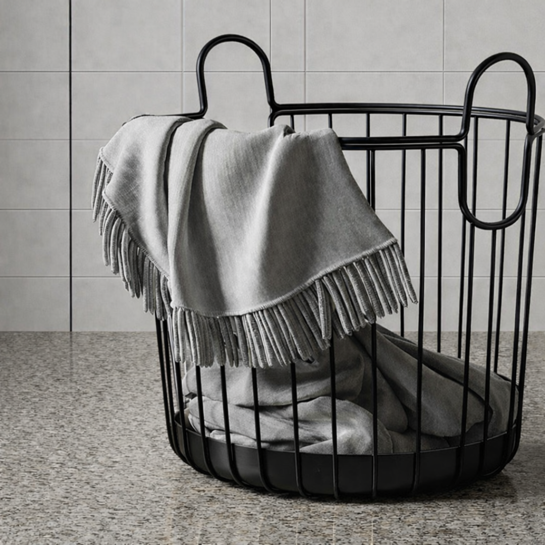 Velour arc iron laundry basket, stylish metal laundry hamper for bedroom, bathroom, or laundry room use