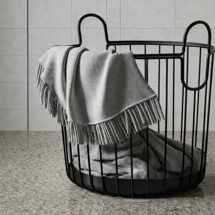 Velour arc iron laundry basket, stylish metal laundry hamper for bedroom, bathroom, or laundry room use